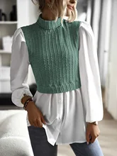  Women Fake Two Shirts Puff Sleeve Fake Two Pieces Blusa Long Sleeve Plaid Knitted Patchwork Blouse Top Spring Summer Fashion Top 