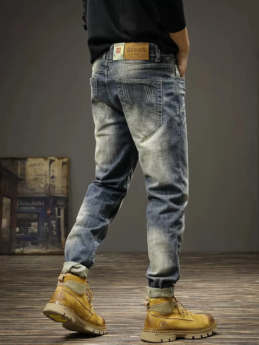 Newly Fashion Designer Men Jeans Retro Blue Stretch Slim Fit Elastic Ripped Jeans Men Vintage Trousers Casual Denim Pants Hombre