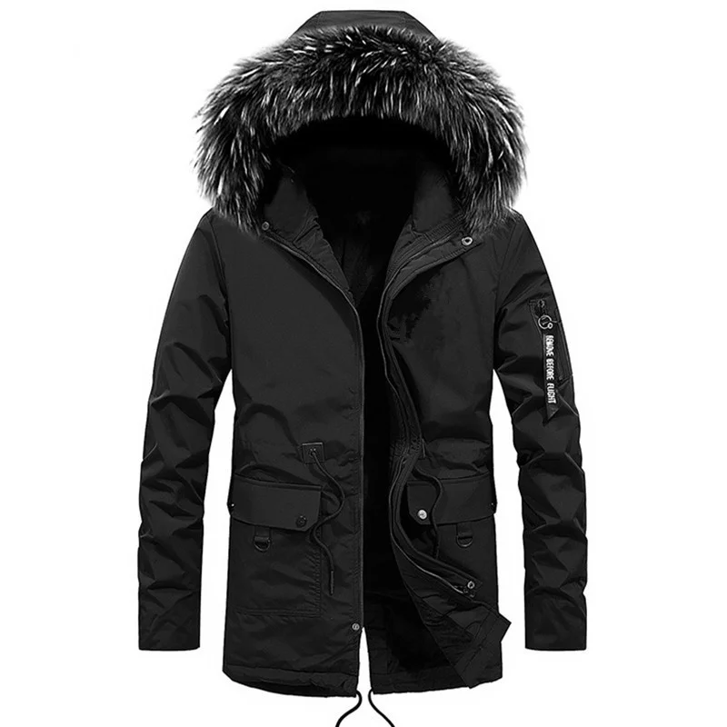 

Winter Men's Fur Collar Fleece Hooded Parks Solid Color Thicken Long Jackets Windproof Warm Overcoat Men