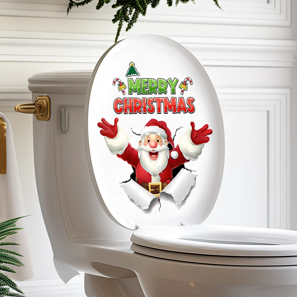 Santa Claus Christmas Toilet Lid Decal Bathroom Decor Sticker Easy Stick-On Reusable & Removable Wall Art for Christmas Gift