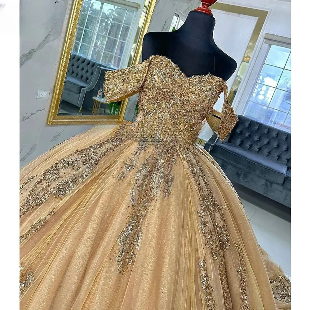 Gold Beading Ball Gown Quinceanera Dresses Lace Vestidos De 15 Party Prom  Gown | eBay