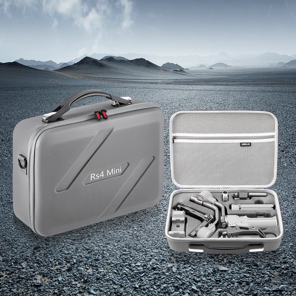 Vue intérieure de la mallette de transport étanche PU pour DJI RS 4 Mini, mousse découpée pour stabilisateur et accessoires.
