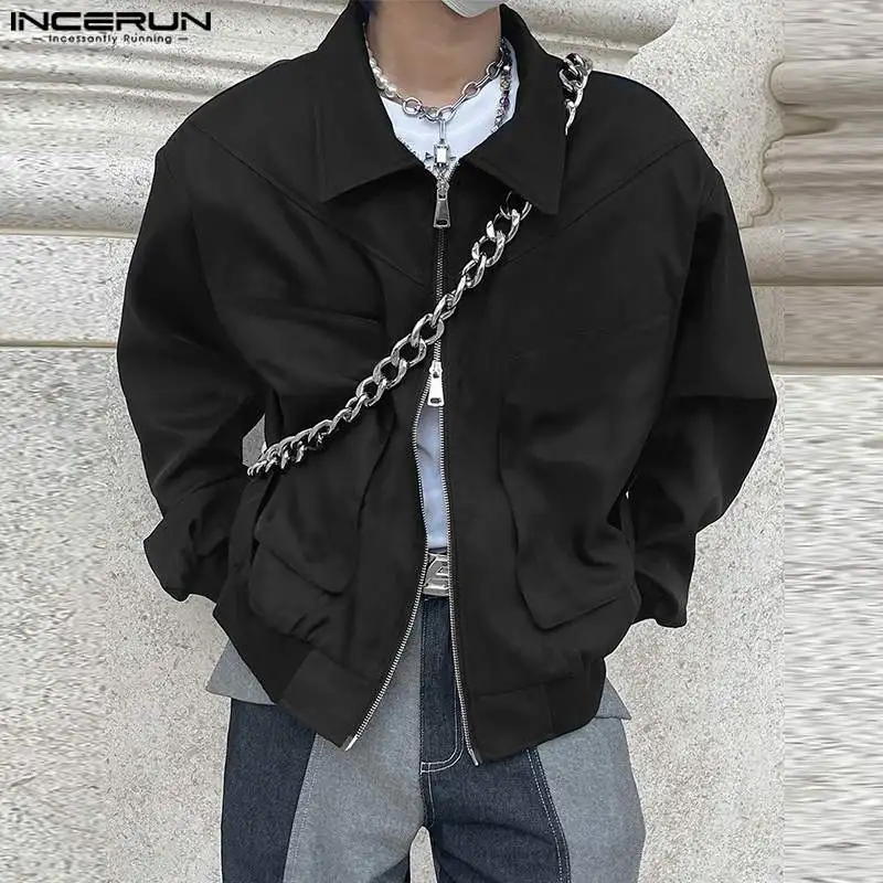 INCERUN Tops 2023 Korean Style Handsome New Men's Locomotive Wind Zipper Jackets Autumn Winter Lapel Long Sleeved Jackets S-5XL