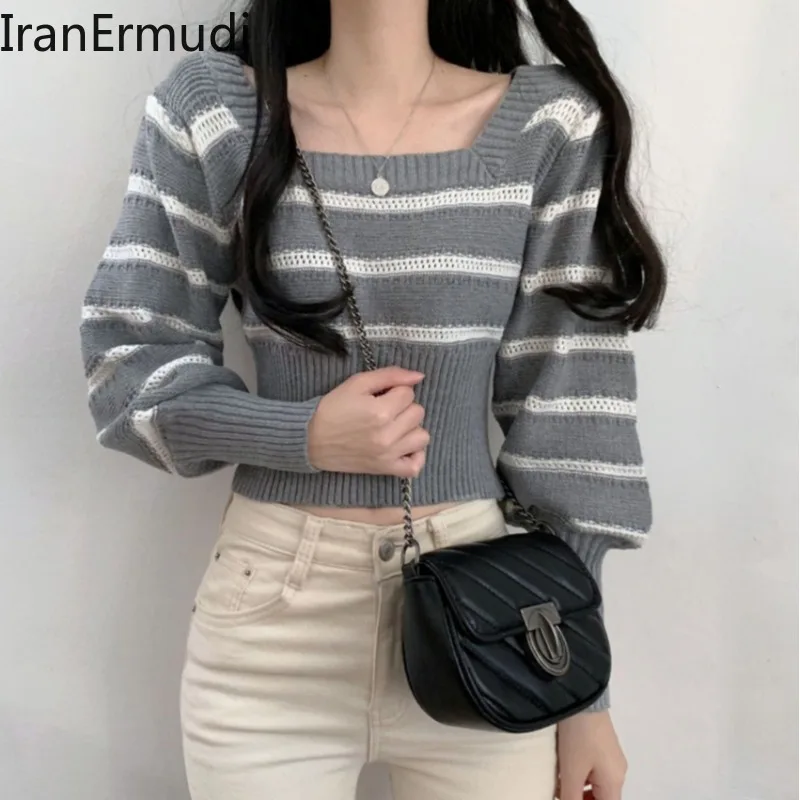 

IranErmudi Autumn Winter Women Striped Sweater Korean Fashion Lady Thick Warm Cropped Pullover Slim Elegant Jumpers