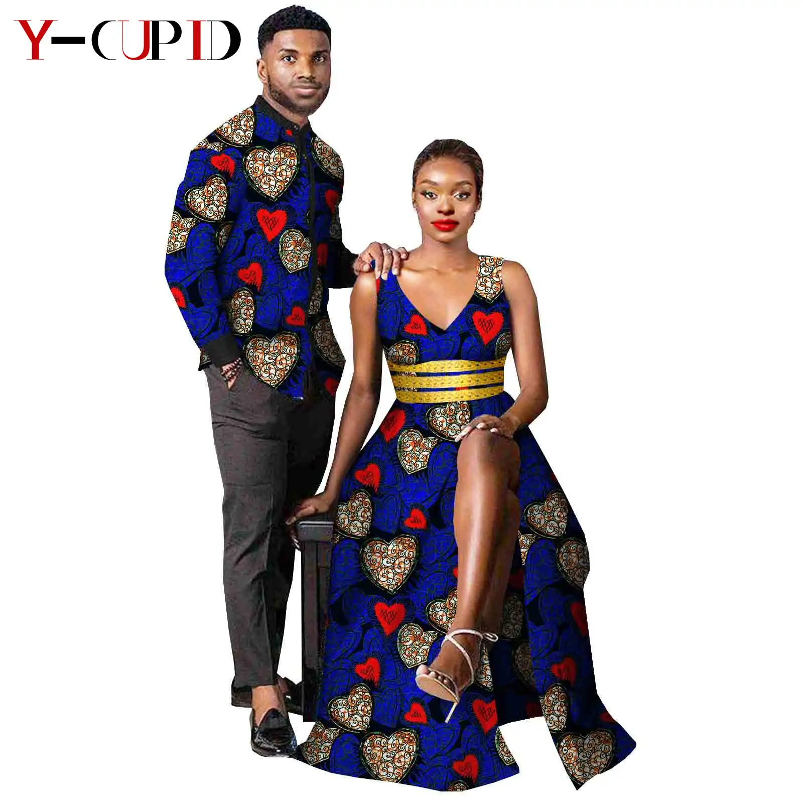 African Clothes for Couples Women Ankara Print Split Long Dresses Match Men Outfit Bazin Shirts Top Party Evening Dress Y21C029