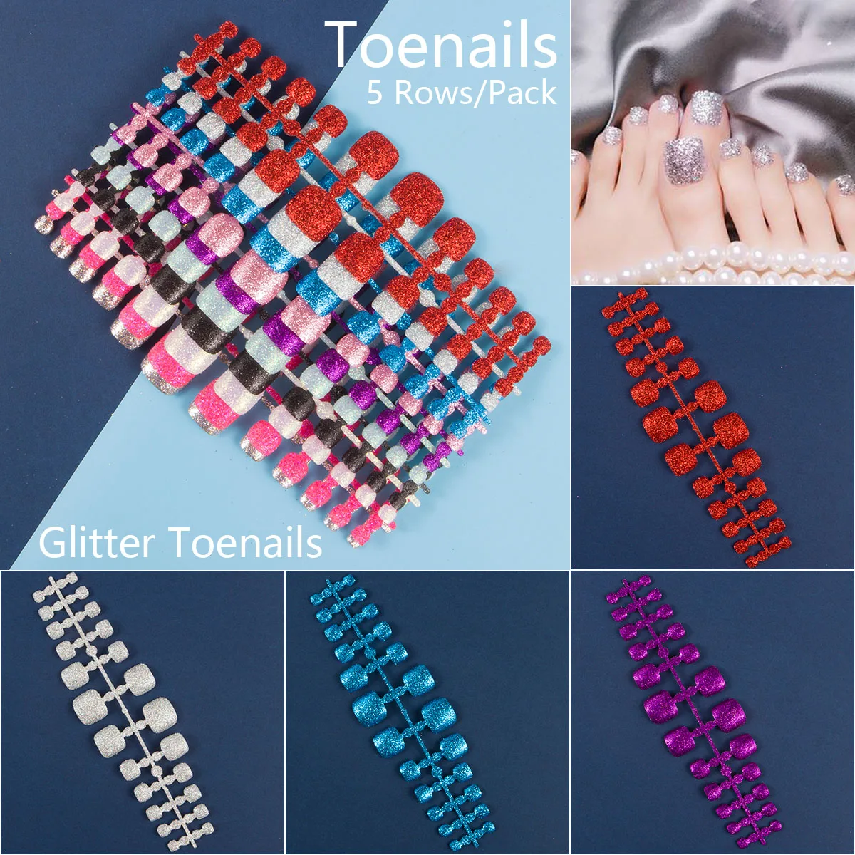 120pcs 5 Row/Pack Glitter False Toenail Tips Fake Toe Nail Art Tip