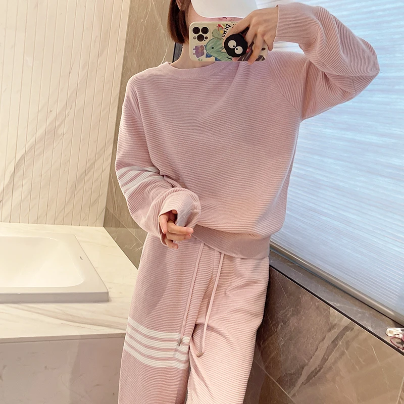 Trendy TB Four Stripes Pink Fresh Round Neck Top+panty Knitted Two-piece Suit Loose 22 Early Autumn College Style autumn and winter new 100% pure wool men s round neck thick color matching stripes loose fashion knitted cashmere sweater