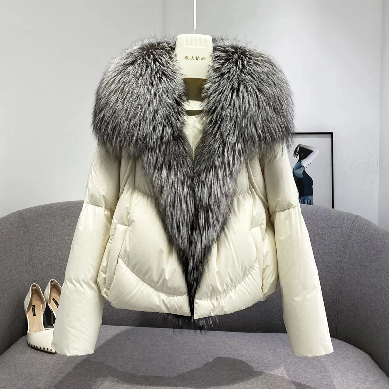 

Big Natural Real Fox Fur Collar Luxury Fashion White Duck Down Jacket Winter Women Warm Loose Coat Thick Outerwear Puffer Jacket