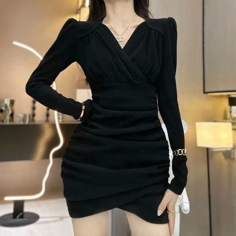 

Women Dress Black Autumn Korean Sexy Fashion Mini Hip Wrap Vintage Vestidos Casual Y2k Party Long Sleeves Evening Clothing