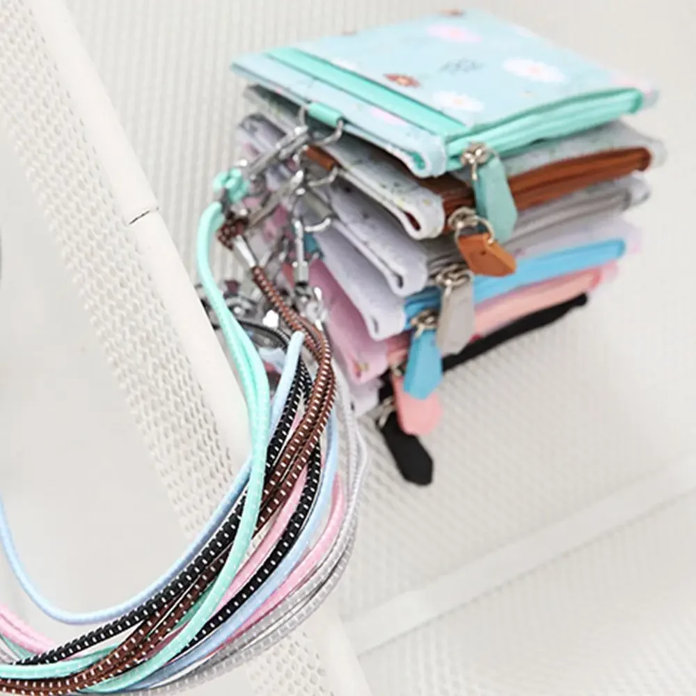 랜야드가 있는 PU 가죽 식사 카드 커버 ID 버스 카드 동전 지갑 지퍼 가방 케이스 홀더 지갑