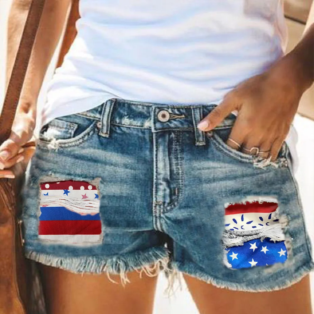 

Summer July 4th Independence Day Women's Clothing Street Hipster Lady Flag Denim Ripped Shorts Girl Maid Tassel Light Blue Jeans