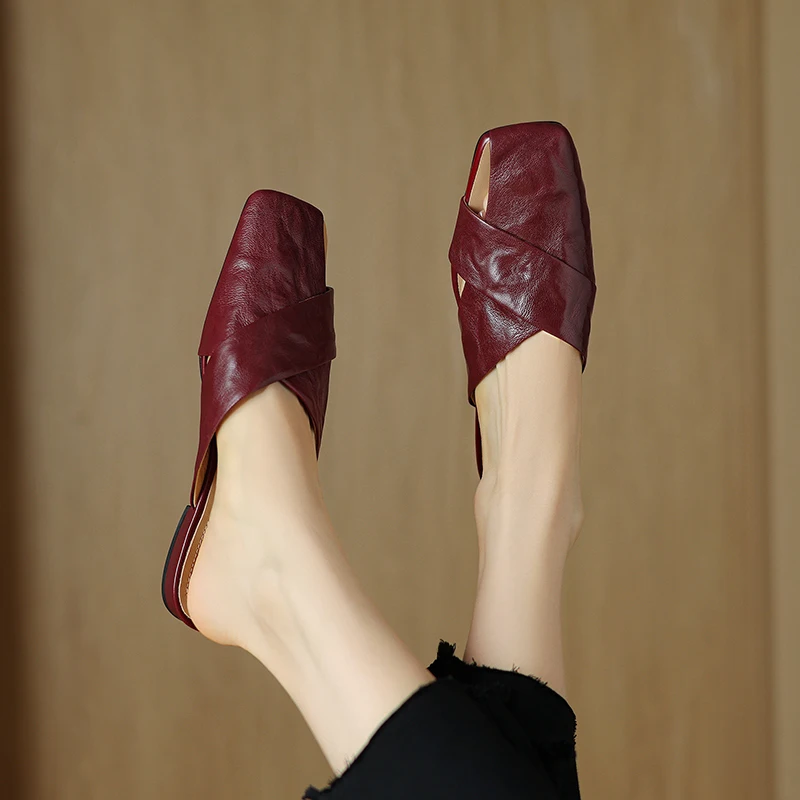 Genuine Leather Women Slippers Fashion Elegant Office Slip on Flat Shoes Ladies Mature Summer Beach Shoes Women Pumps 2024 New