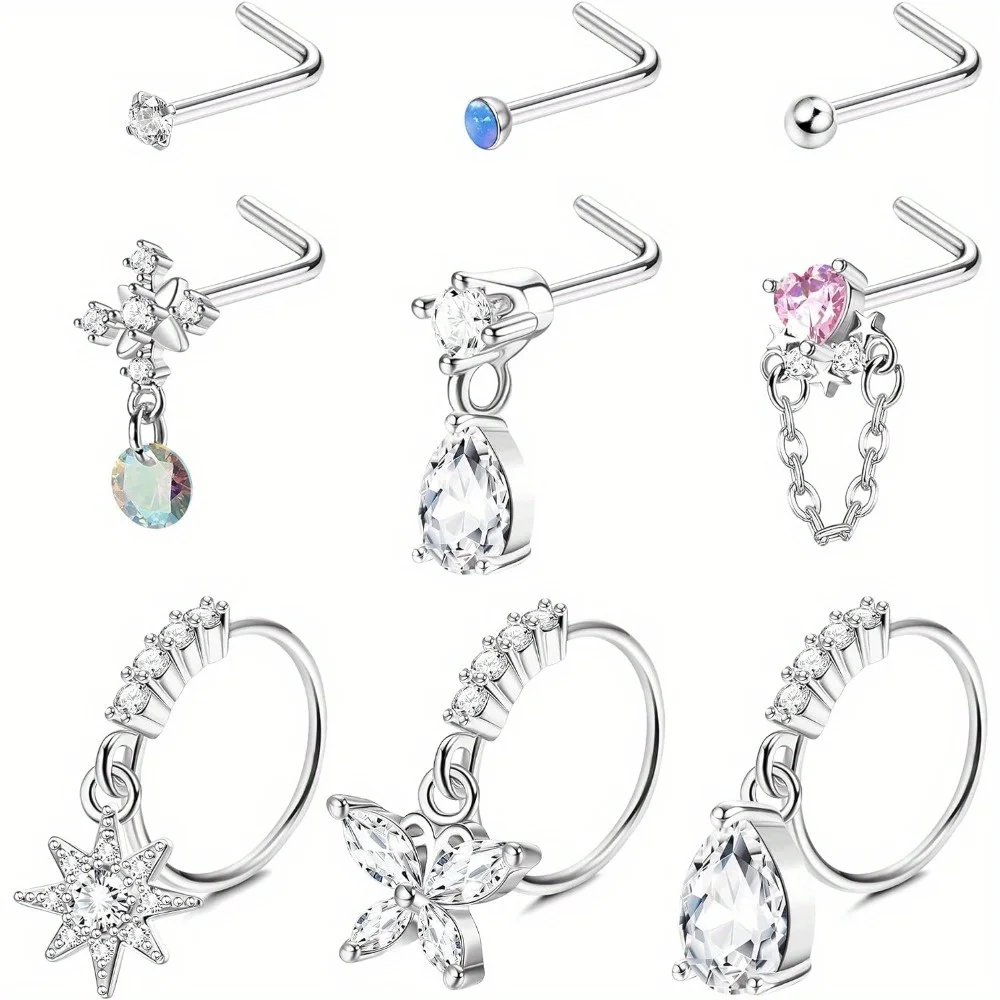 

DOLOTTA 1Pcs 316L Stainless Steel 20G Dangle Nose Rings for Women Stud L Shaped Nose Ring Hoops CZ Nose Piercing Jewelry