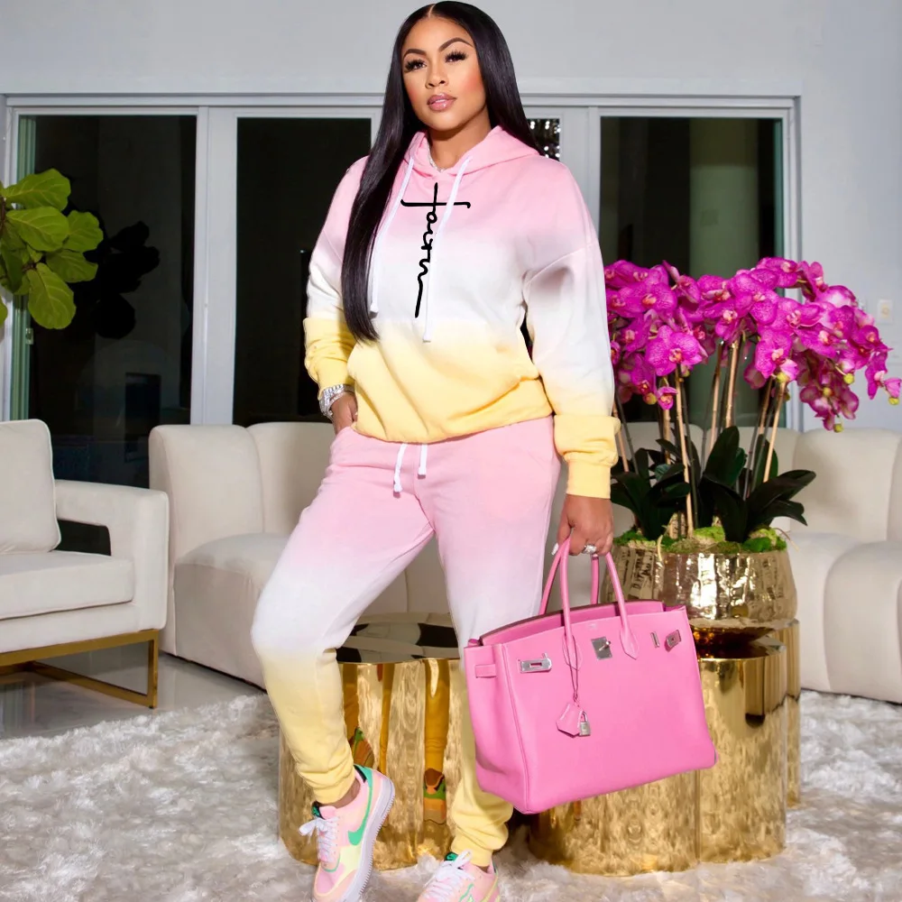 

Осенне-зимний женский спортивный костюм с градиентом, Повседневный свитер с капюшоном, комплект из двух предметов, Женский комплект из 2 предметов