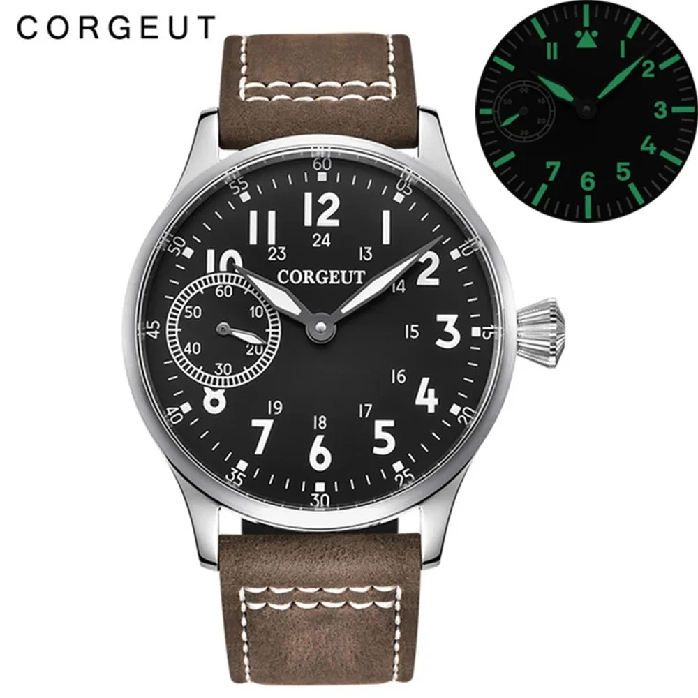 Mechanical Watch Corgeut 44mm Leather Luminous Mechanical Hand Winding Watch for Men 17 Jewels ST3600 Seagull 6497 Movement Sport Wristwatches