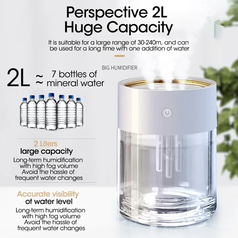 Home Humidifier with 3 Nozzles Large Capacity 2L Atomizer USB Charging Aromatherapy Diffuser Bedroom and Office Air Purification