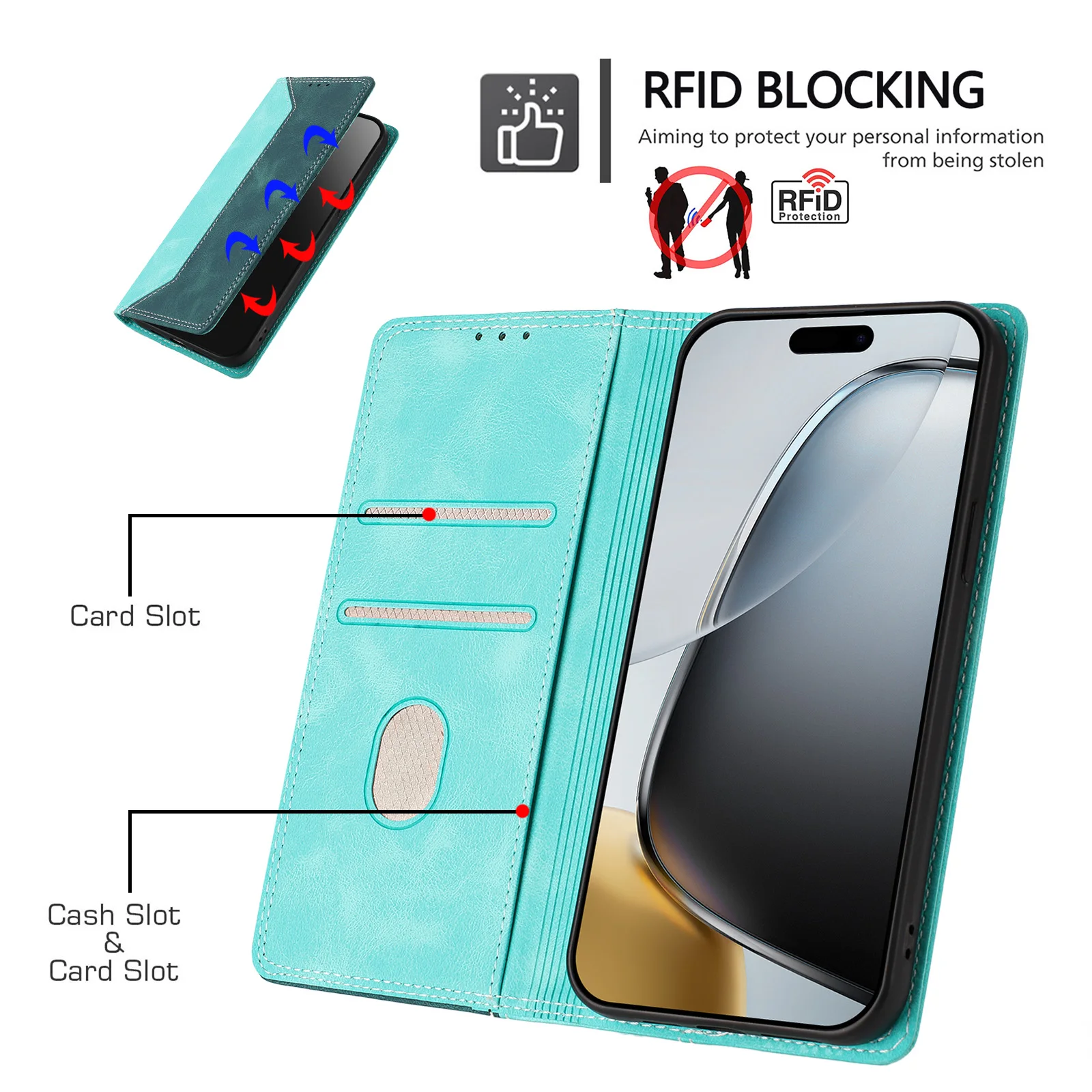 Magnetic Leather Wallet Case with RFID Blocking & Shockproof Protection