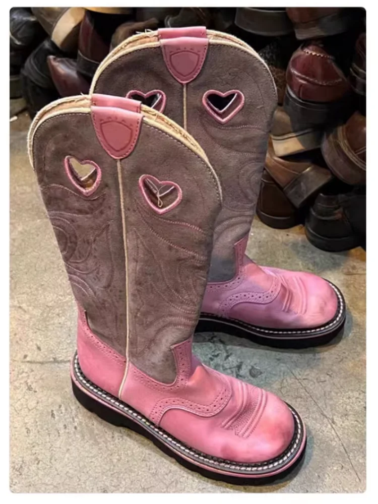 

Retro Western Cowboy Boots 2023 Winter INS Party Shoes Girly Pink Platform Rider Boots Design Sense Embroidered Thigh-High Boots