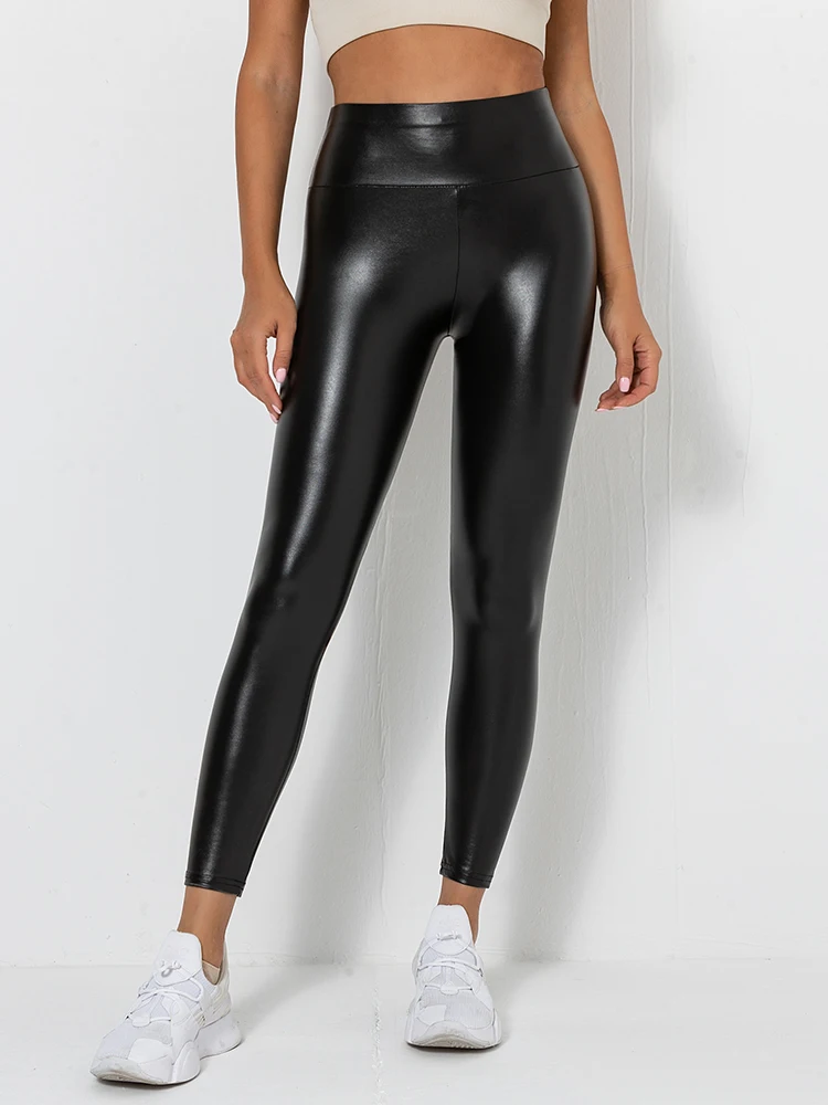 Women Sexy PU Leather Leggings High Waist Yoga Pants For Gym Sports