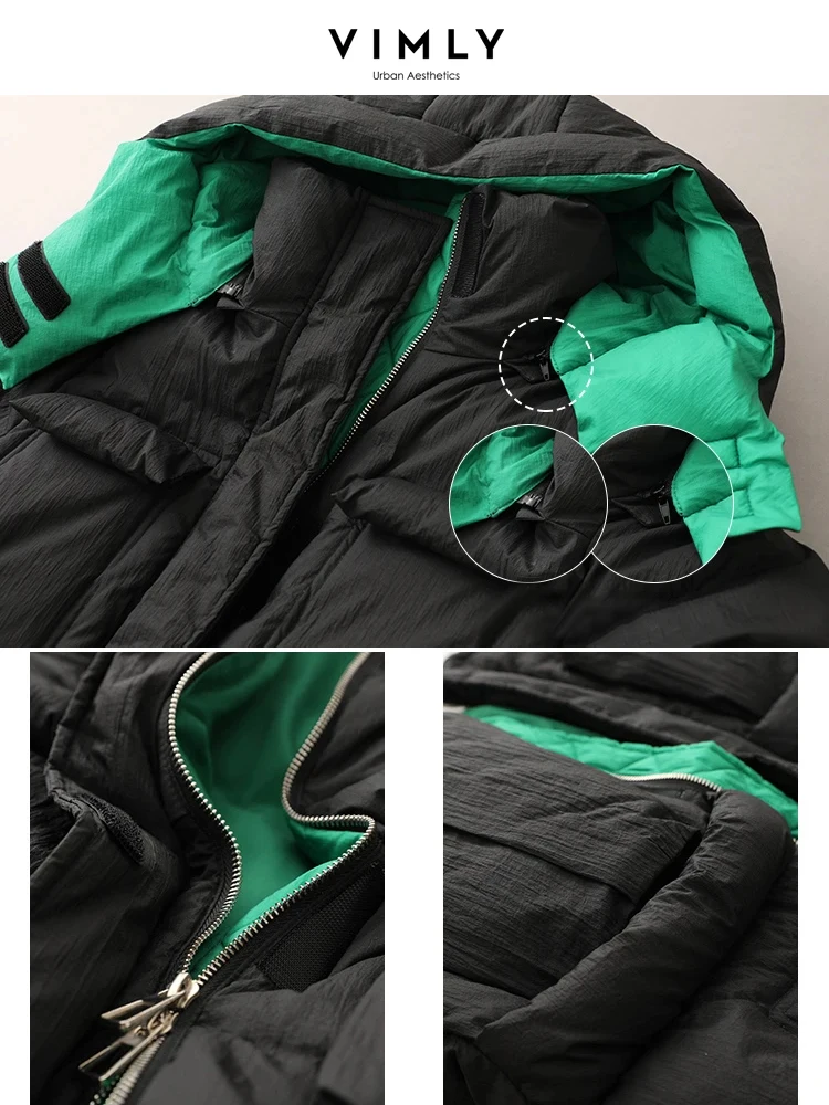 Vimly Duck Down Puffer Jacket for Women 2023 Fashion Green Linning High Neck Detachable Hood Winter Female Warm Down Coat 50312