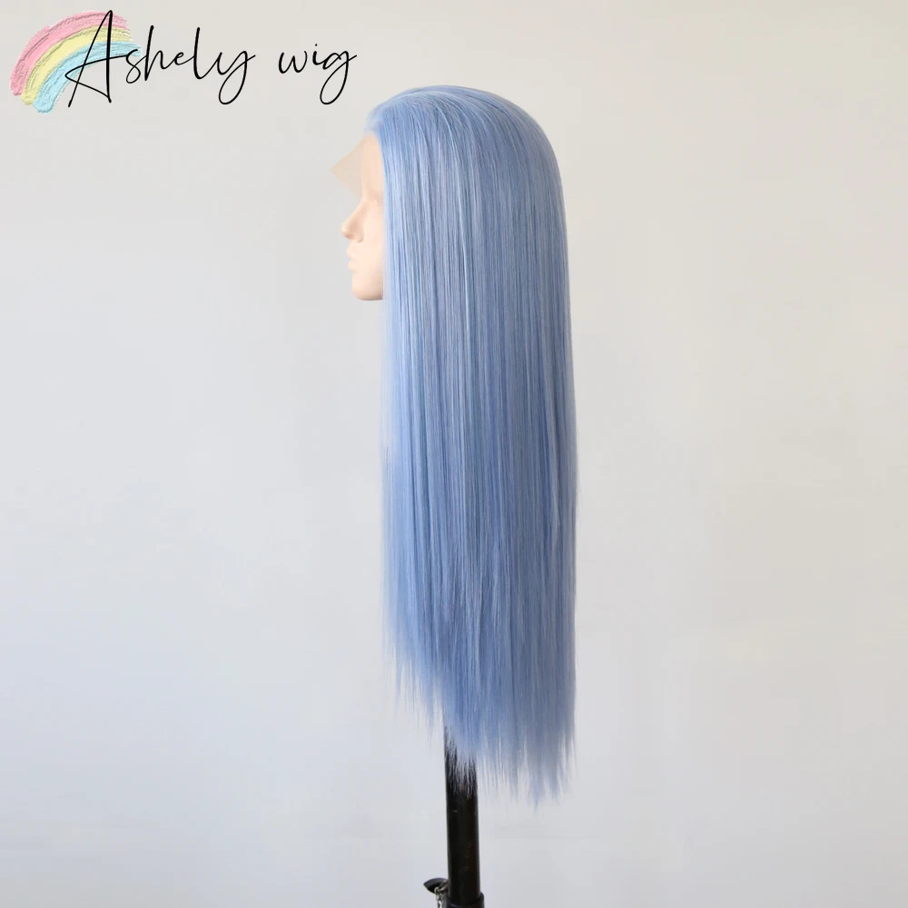Light Blue Wig for Cosplay 13x4 Lace Front Wigs 26inch Long Straight Hair Wig High Temperature Fiber Synthetic Lace Wigs Pelucas