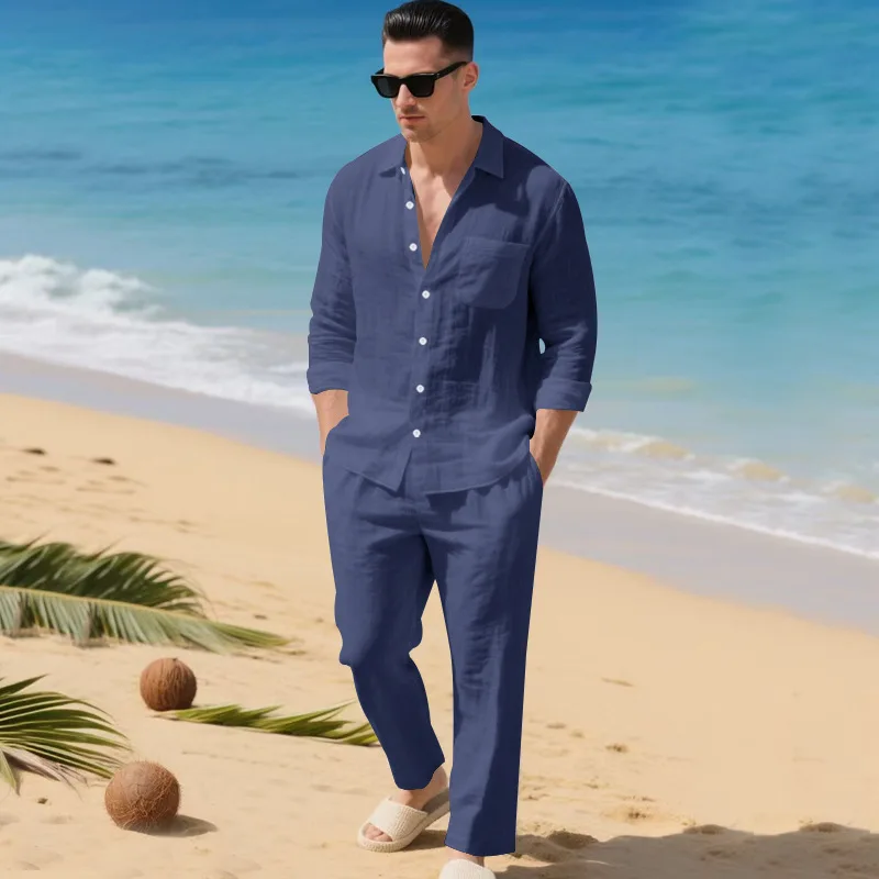 Men's Autumn Loose Trend Linen Solid Color Simple Lapel Long-Sleeved Shirt Beach Trousers Set