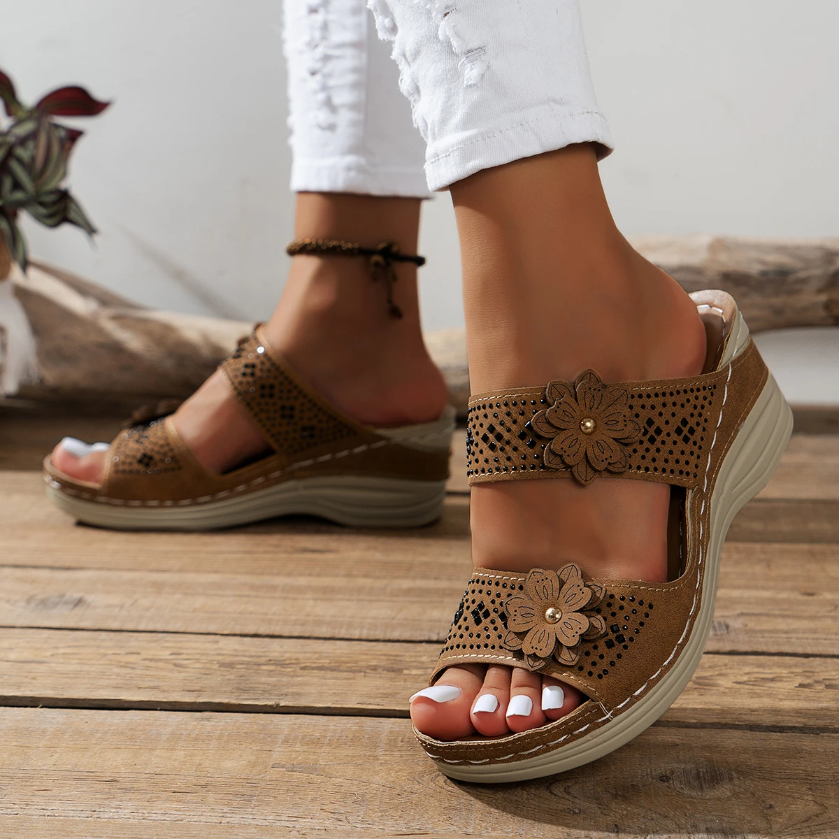 Women’s Retro Roman Wedge Sandals – PU Casual Flower Platform Slippers, Plus Size 43 Beach Footwear Sandals