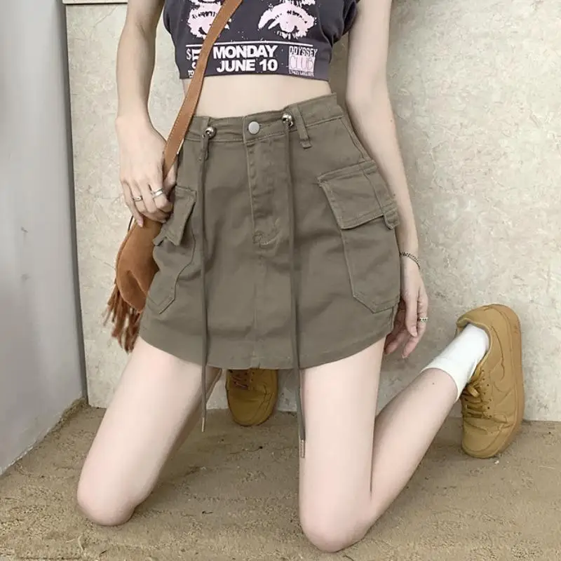 

Denim Mini Skirt A-line Wrap Hip American Vintage Drawstring Work Skirt Casual Women Mini Skirt Summer High Waist Pockets Skirt