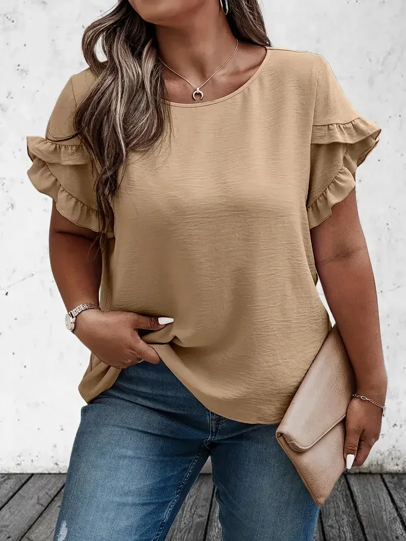 חולצת טי-שירט נשים במידות גדולות 1XL-5XL עם פרינזים, צבעים אחידים, טופ קז'ואלי לנשים עם שרוול קצר