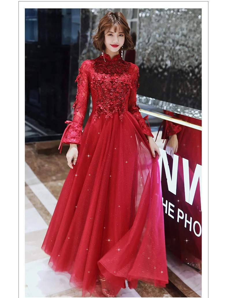 formal gowns for women Wine Red Long Sleeve Evening Dresses For Women 2020 Vintage High Neck Luxury Beading Appliques Elegant Formal Gown black evening dresses