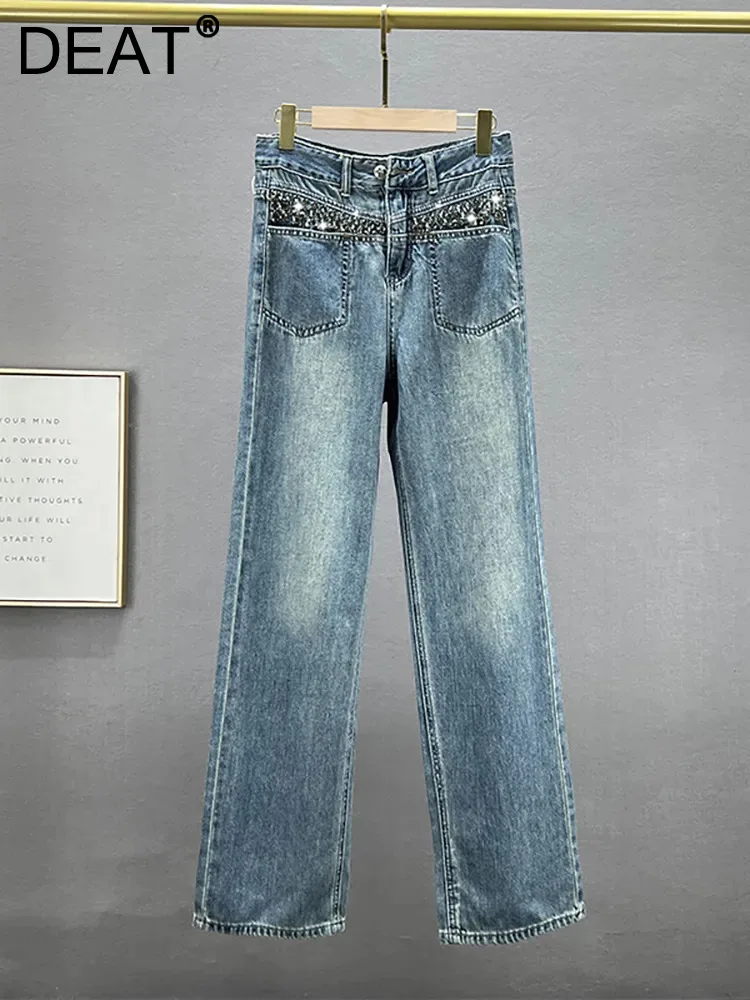 

DEAT Women's Trousers High Waist Diamond Pockets Full Length Straight Style Blue Denim Pants 2023 Autumn New Fashion 29L2720