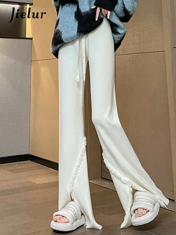 Jielur Chic Split Tassels Slim Basic Women's Pants Fashion Thick Knitting High Waist Drawstring Casual Loose Female Flare Pants