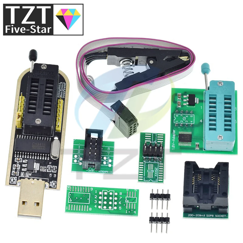 Программатор TZT CH341A CH341B 24 25 Series EEPROM, модуль USB-программатора с флэш-BIOS + зажим SOIC8 SOP8 для проверки EEPROM 93CXX / 25CXX / 24CXX