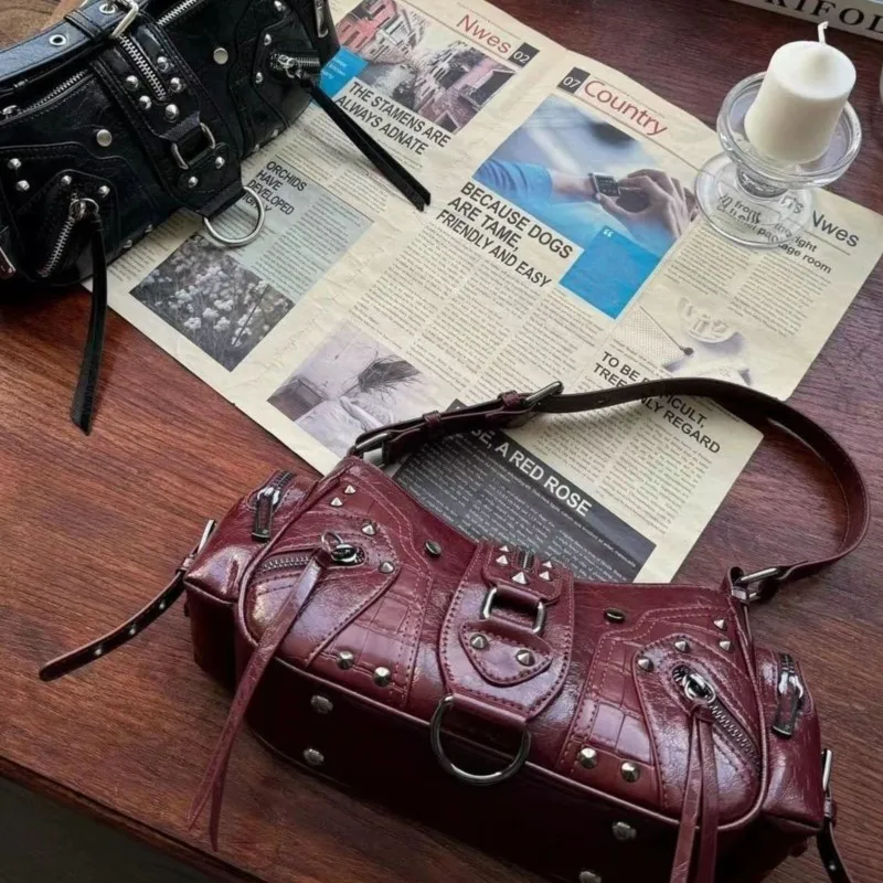 JIAERDI Vintage Black Y2k Shoulder Bags Women Sweet Cool Hot Girls Rivet Pu Leather Handbag Ladies Moto Biker Underarm Bag Chic