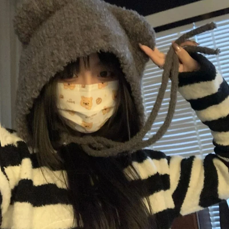 

Cute Bear Ear Wool Hats Winter Plush Beanies Hats Warm Lace-up Ear Protection Knitted Caps Korea Women Warm Knitted Bomber Caps