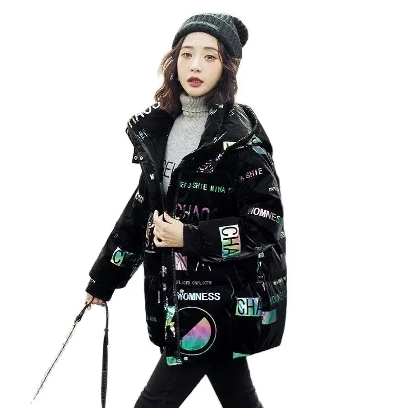 

Глянцевая стирающаяся хлопковая одежда, женская зимняя одежда средней длины, новинка 2022, Модное теплое пальто с надписью для школьниц