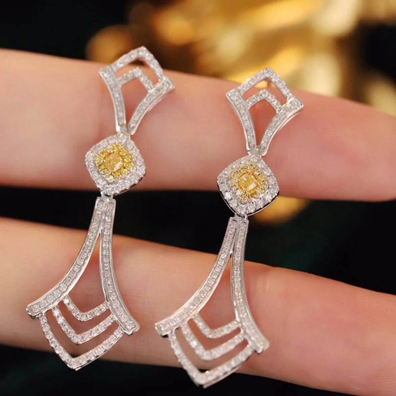 Aazuo 18K Solid White Gold Real Yellow&White Diamonds Luxuly Irregular Long  Drop Earring Gifted For Women Wedding Party  Au750