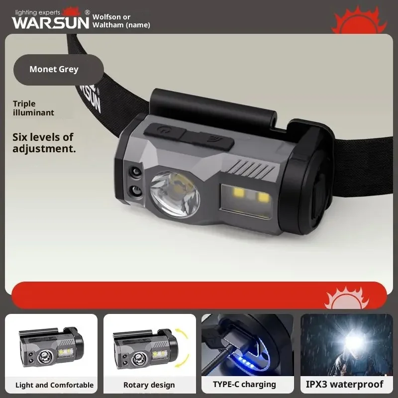 Lanterna de Cabeça LED Recarregável Warsun com Sensor, Rotativa, à Prova d'Água, Potente para Camping e Pesca