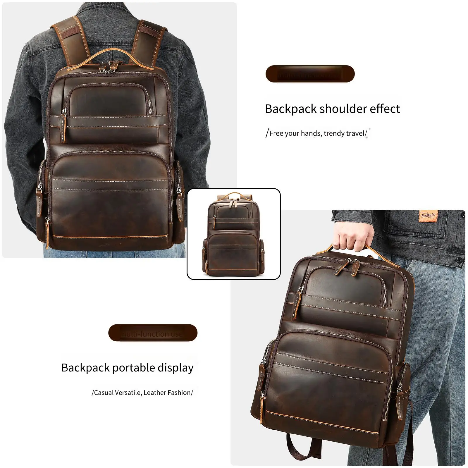 Vintage Crazy Horse Leather Backpack Large Capacity Travel & Laptop Bag for Men