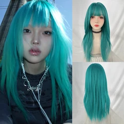 Vibrant Green - Blue Synthetic Long Straight Wig with Bangs - Fluffy Lolita Cosplay and Daily Wear (Green)