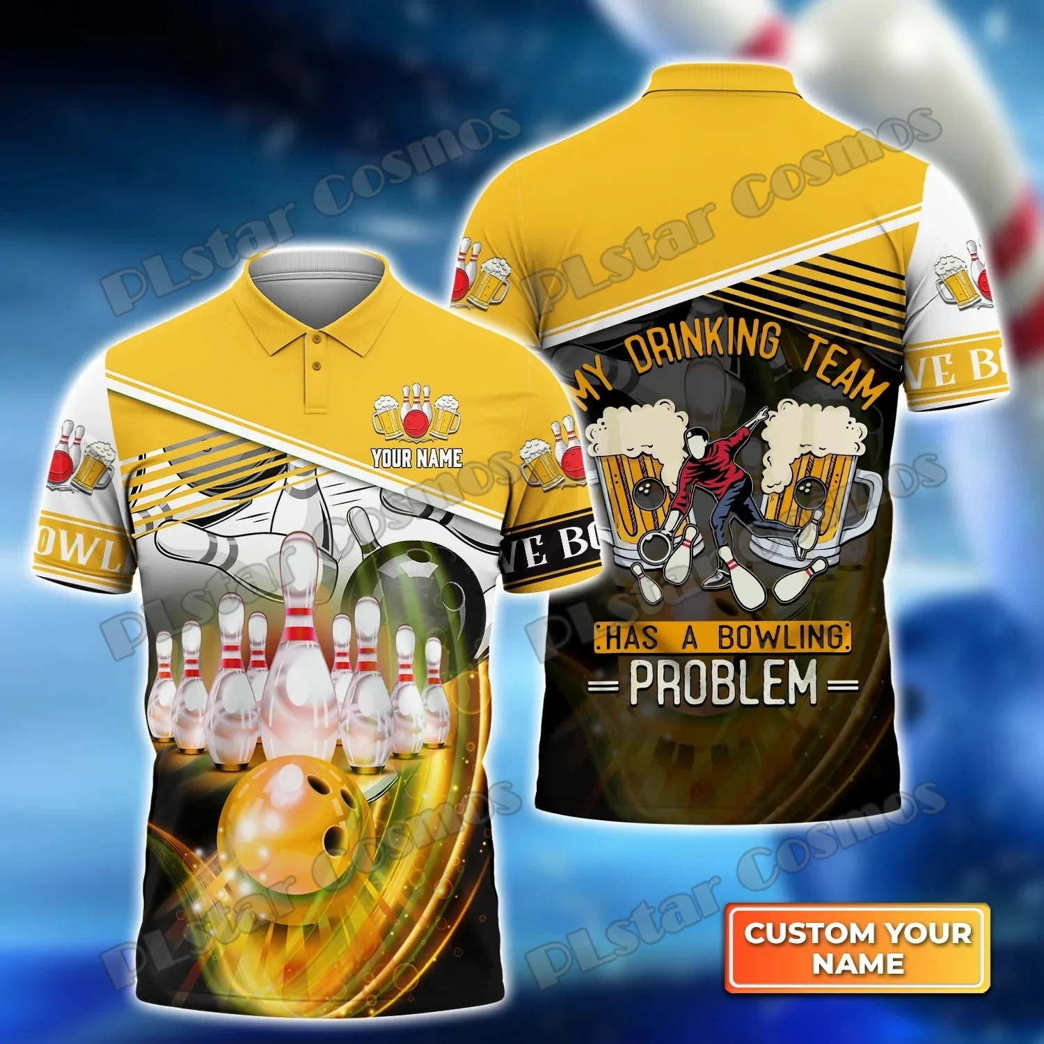 Rotes Bowlingfeuer, personalisierter Name, 3D-gedrucktes Herren-Poloshirt, Sommerstraße, kurzärmeliges Hemd, Geschenk für Bowlingspieler WK32 – Detail 8