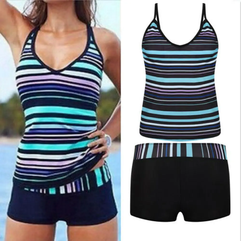 

Women's Striped Tankini Swimsuit Set Seaside Holiday Bikini Beach Swimsuit Vest+shorts Two-piece Suit M-3XL