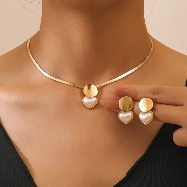 Conjuntos de  semi jóias femininas, minimalista criativo cor de ouro circular em forma de coração pingente corrente colar brincos.