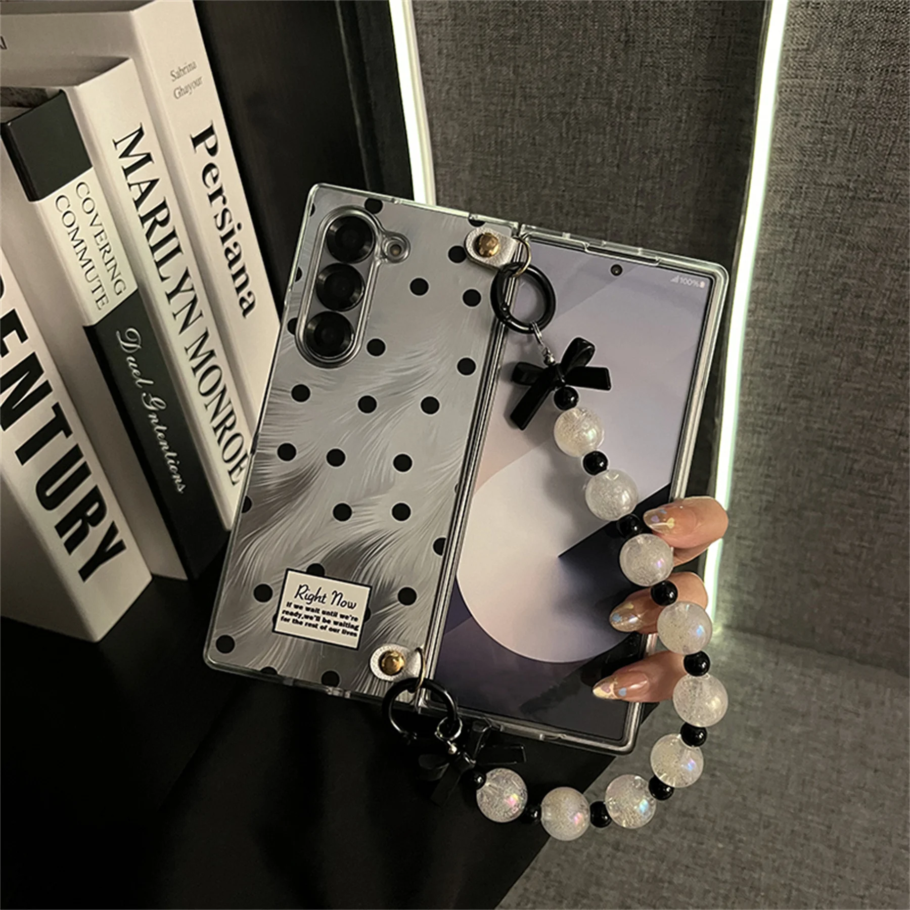 Elegant Black Wave Point Camlet Phone Case with Bow Bracelet Chain