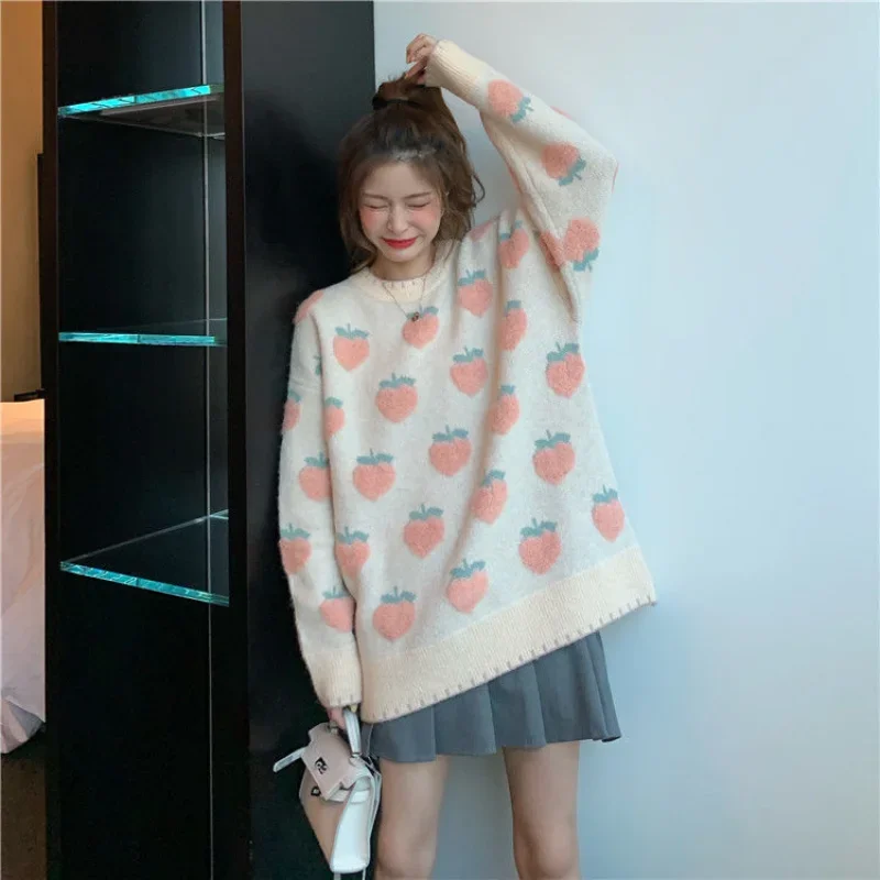 

Peach pullover sweater women's autumn and winter new style lazy wind loose outer wear round neck all-match knitted top niche