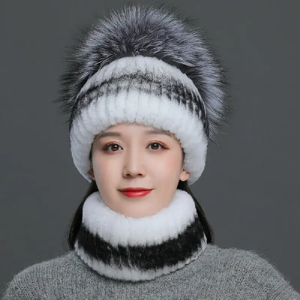 real-rex-rabbit-fur-hat-scarf-sets-winter-warm-beanie-cap-handmade-fluffy-soft