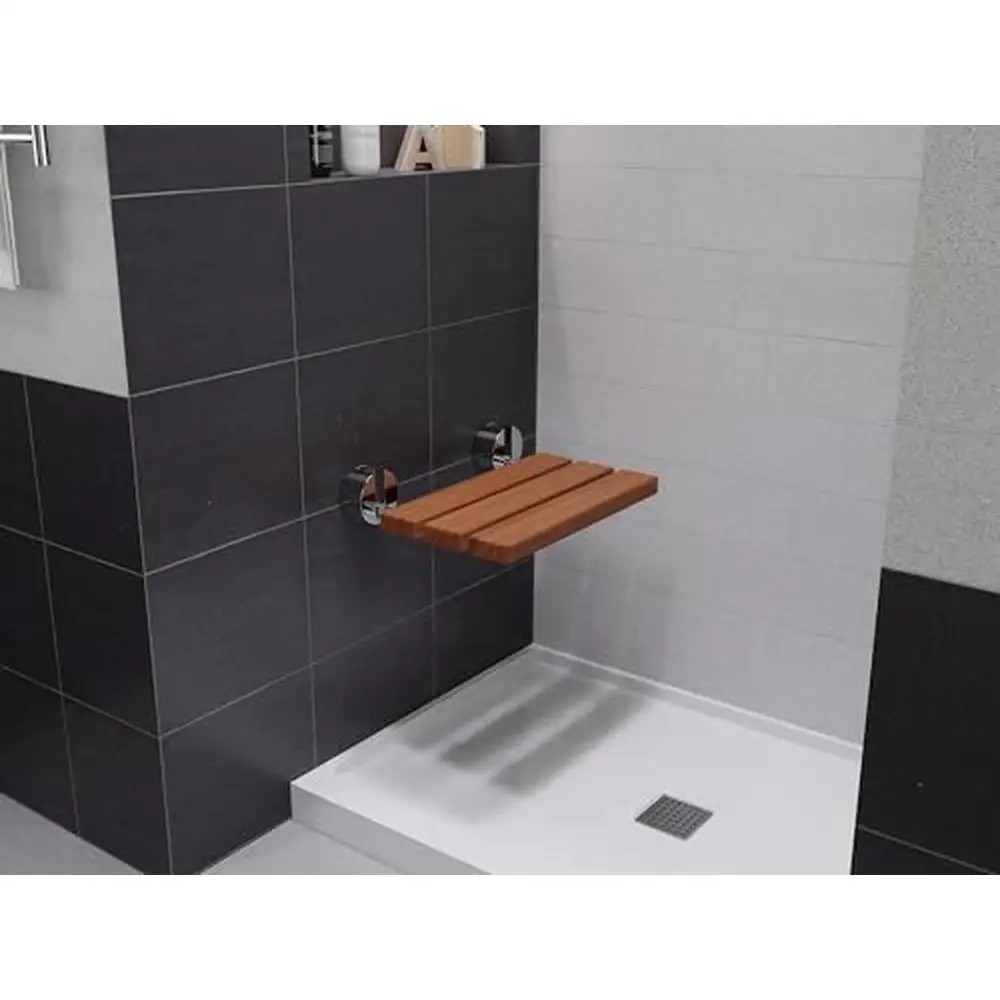 Teak Wood Wall Mounted Folding Shower Seat Non-Slip Brushed Nickel SSP-D-7 Rust-Resistant Aluminum 390lb Capacity ADA Compliant 4
