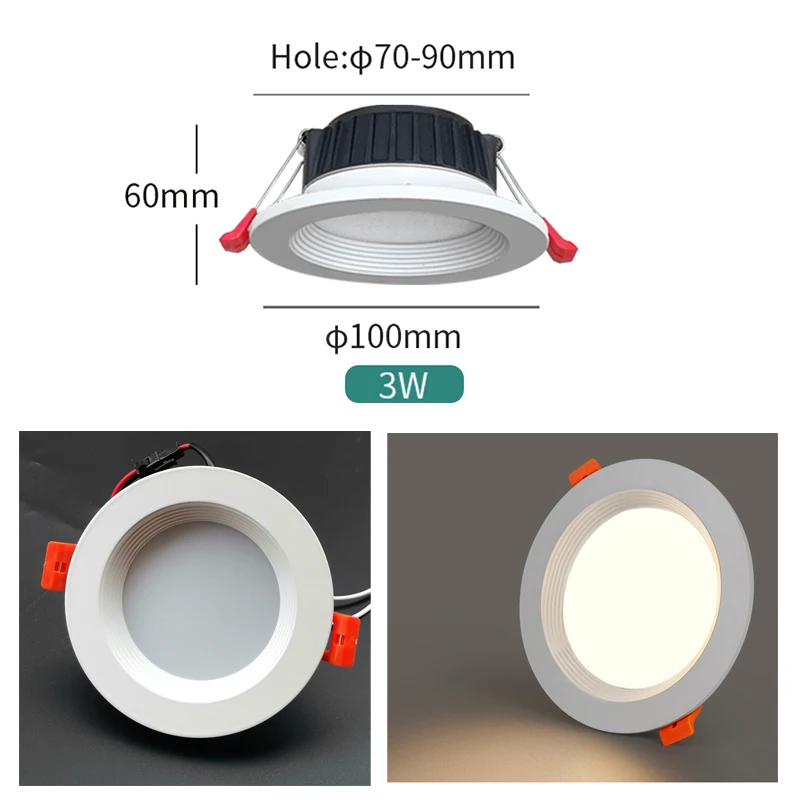 내장형 LED 천장 조명, 시원하고 따뜻한 흰색 스포트라이트, 3 가지 색상 온도, 밝기 조절 가능 LED 다운라이트, 220V, 110V, 3W