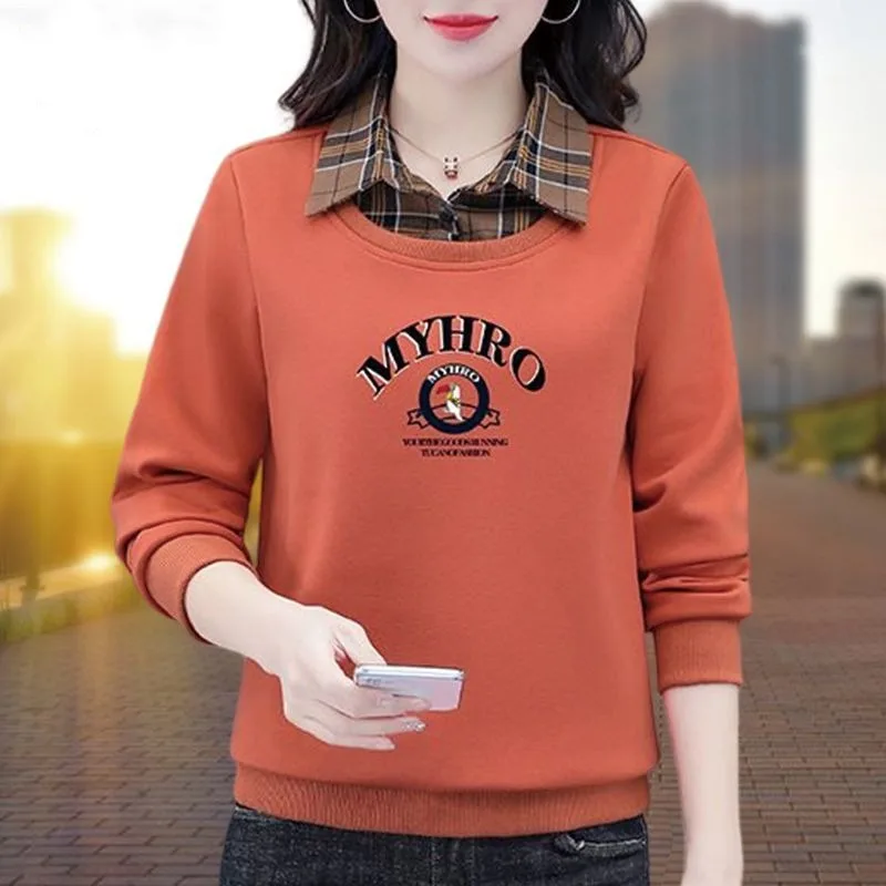 Spring and Autumn Women's Pullover Polo Letter Print Solid Button Plaid Panel Long Sleeve Hoodies Fashion Elegant Casual Tops