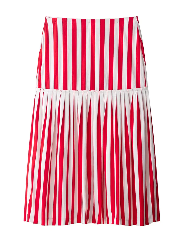Women's Red White Stripe Skirt Summer Ruffle Bow Midi Skirt Chic Fashion Elegant Women Holiday Beach Long Skirt 2025